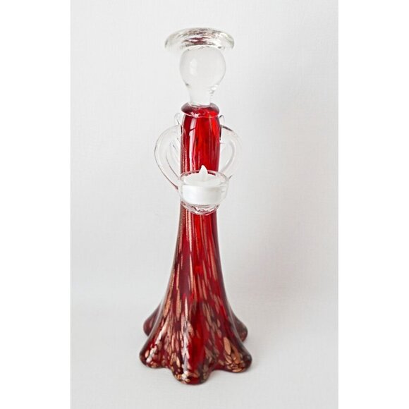 Vintage Art Glass Angel Tea Light Holder Red & Gold Flakes - Picture 1 of 8